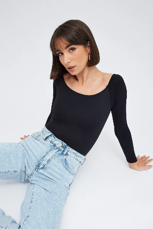 Black Supersoft Bodysuit Long Sleeve Offshoulder