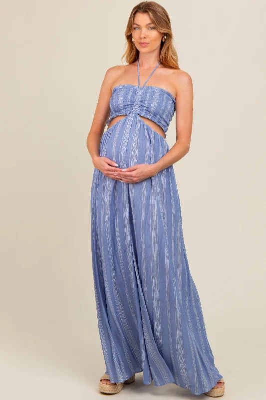 Blue Striped Cutout Halter Wide Leg Maternity Jumpsuit