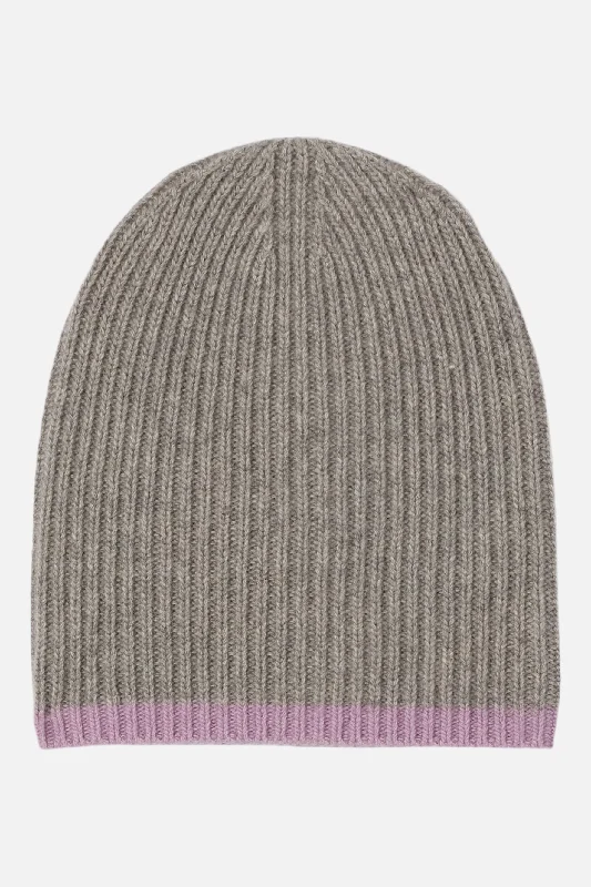 Cashmere Long Ribbed Beanie with Contrast Trim - Light Heather Grey W. Lavander