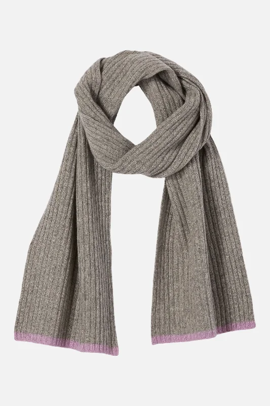 Cashmere Long Ribbed Scarf with Contrast Trim - Light Heather Grey W. Lavander