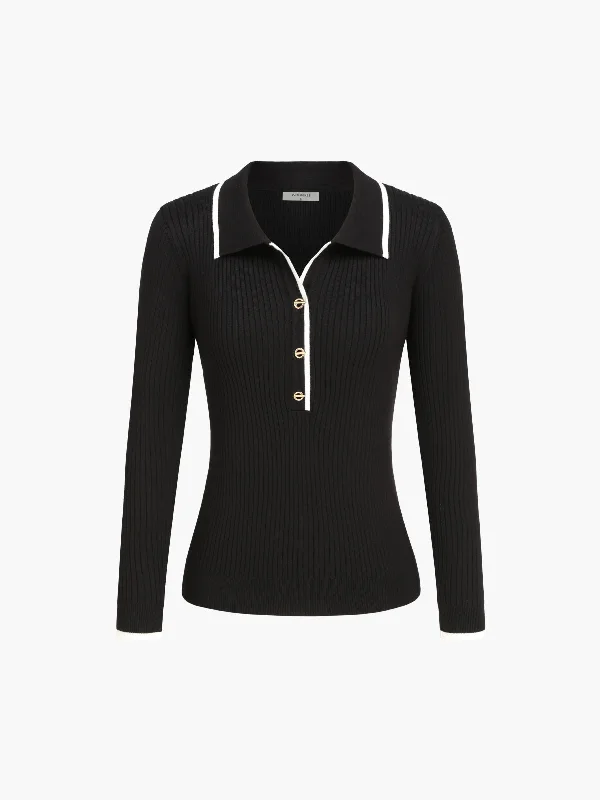 Contrast Trim Open Collar Long Sleeve Knit Top