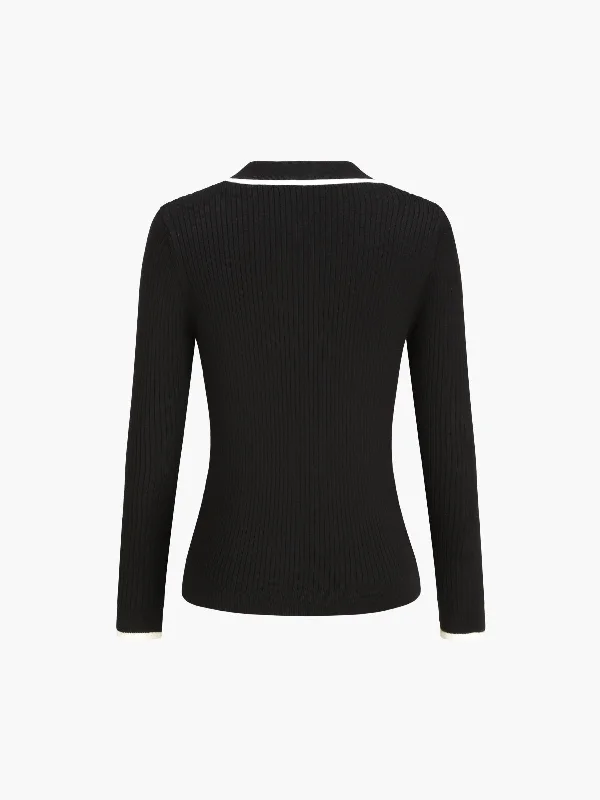 contrast-trim-open-collar-long-sleeve-knit-top