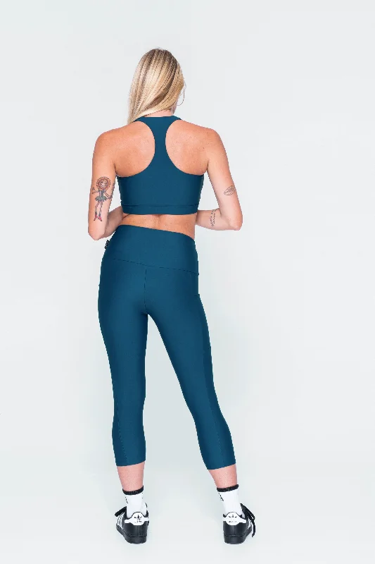 Dark Teal Performance - Panel Pocket High Waisted Capri Leggings