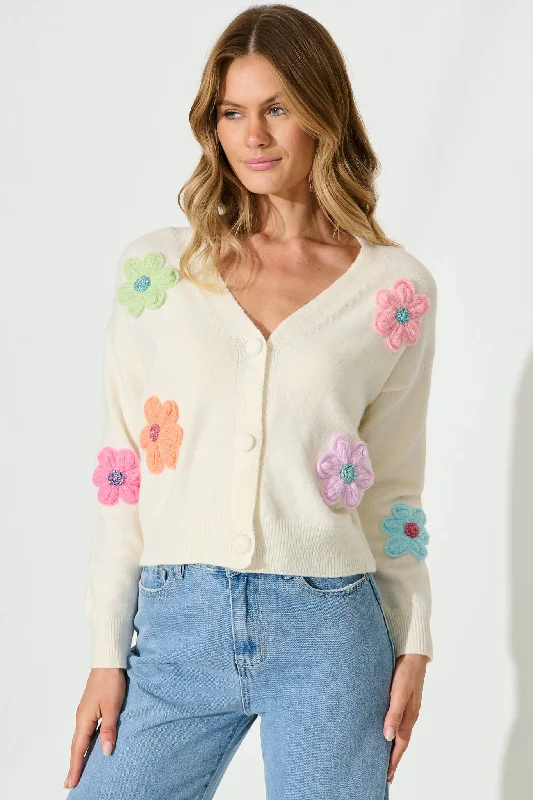 Daytales Knit Cardigan In Cream With Multi Flower Wool Blend