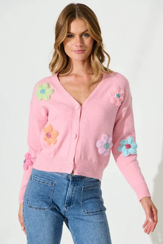 Daytales Knit Cardigan In Pink With Multi Flower Wool Blend