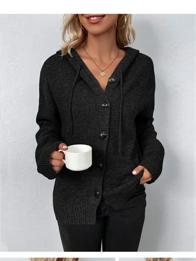 drawstring-button-up-hooded-cardigan