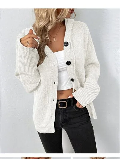 drawstring-button-up-hooded-cardigan