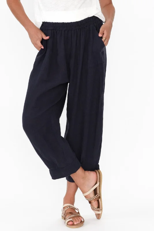 Elide Navy Linen Cropped Pants