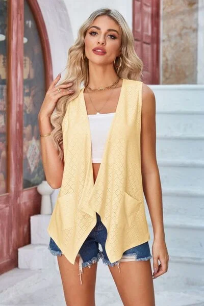 eyelet-open-front-sleeveless-cardigan