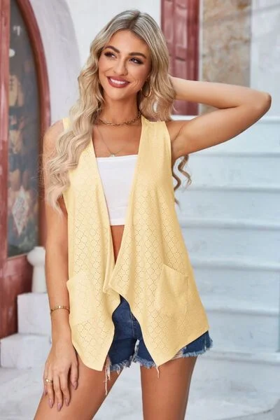 eyelet-open-front-sleeveless-cardigan