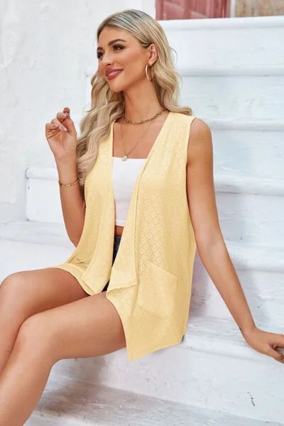 eyelet-open-front-sleeveless-cardigan