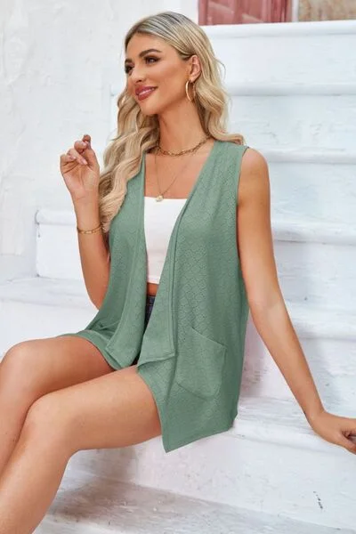 eyelet-open-front-sleeveless-cardigan