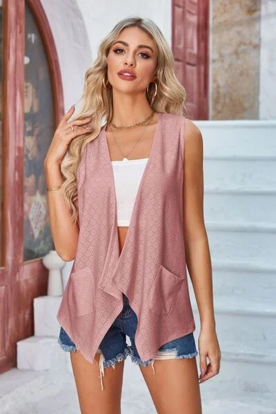 eyelet-open-front-sleeveless-cardigan