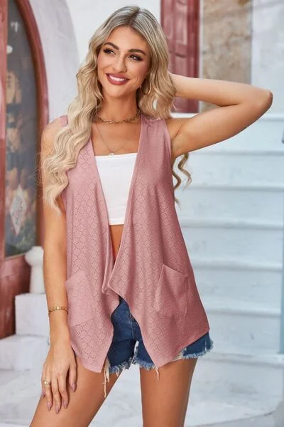 eyelet-open-front-sleeveless-cardigan