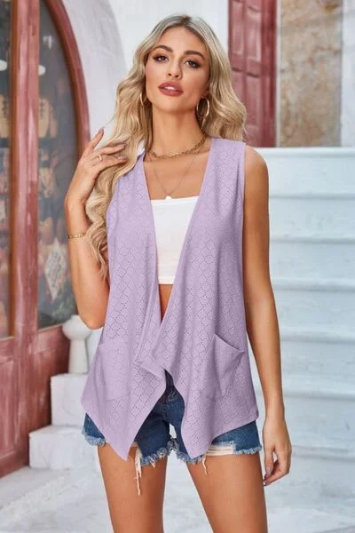 eyelet-open-front-sleeveless-cardigan