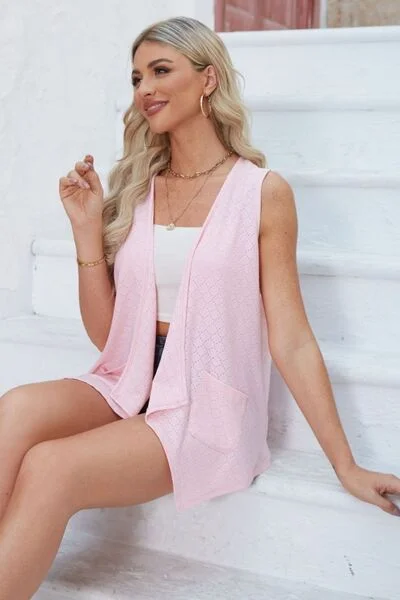 eyelet-open-front-sleeveless-cardigan