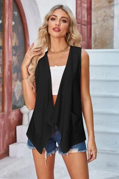 eyelet-open-front-sleeveless-cardigan