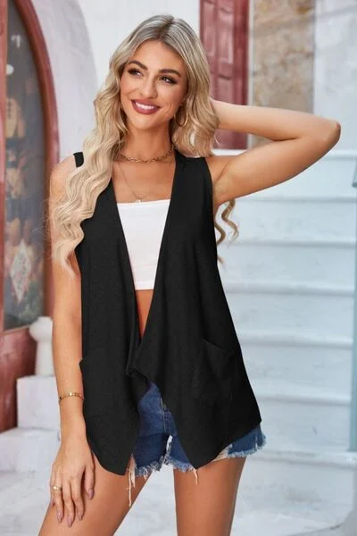 eyelet-open-front-sleeveless-cardigan