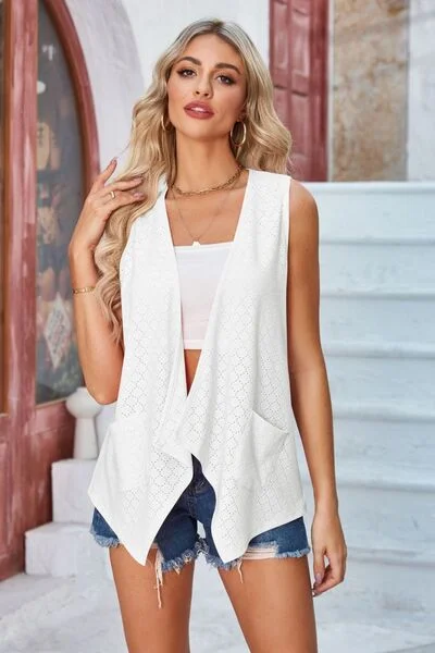 eyelet-open-front-sleeveless-cardigan