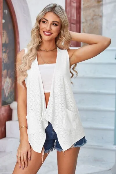 eyelet-open-front-sleeveless-cardigan