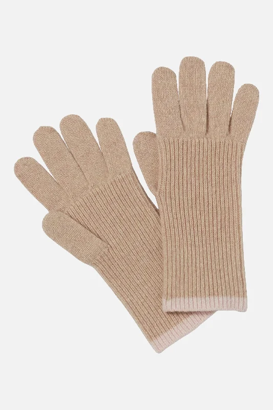 Full Finger Ribbed Gloves with Contrast Trim - New Oatmeal W. Mallow Pink