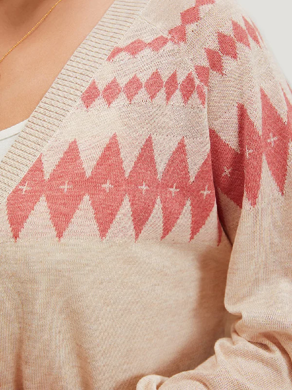 geometric-print-raglan-sleeve-open-front-cardigan