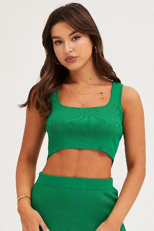 Green Knit Top Sleeveless Crop Square Neck