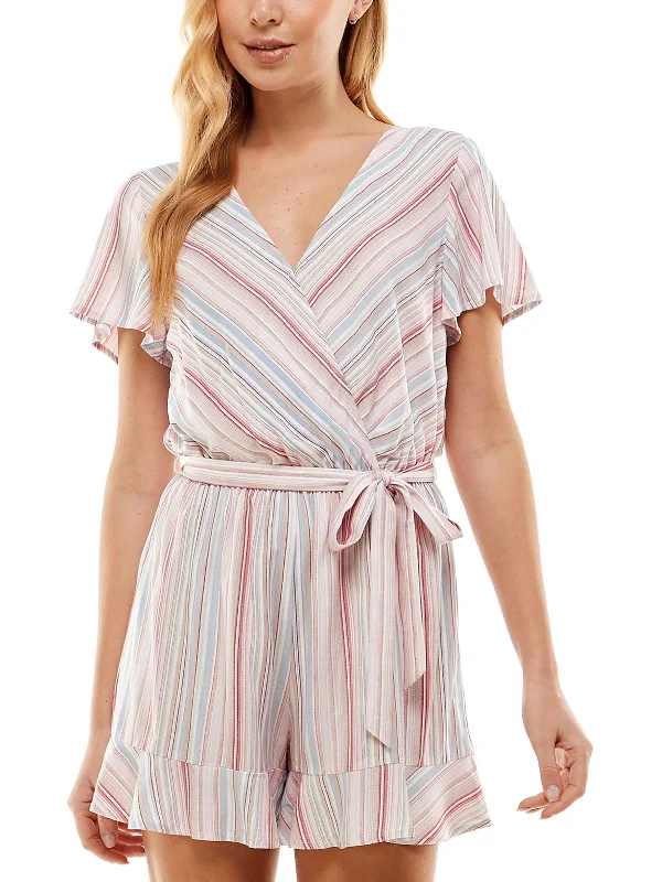 Juniors Womens Striped Faux Wrap Romper