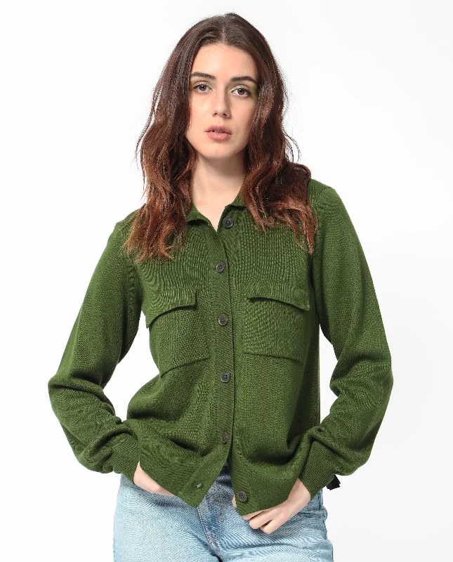 Rareism Women'S Korn Green Viscose Fabric Full Sleeves Regular Fit Solid Shirt Collar Sweater