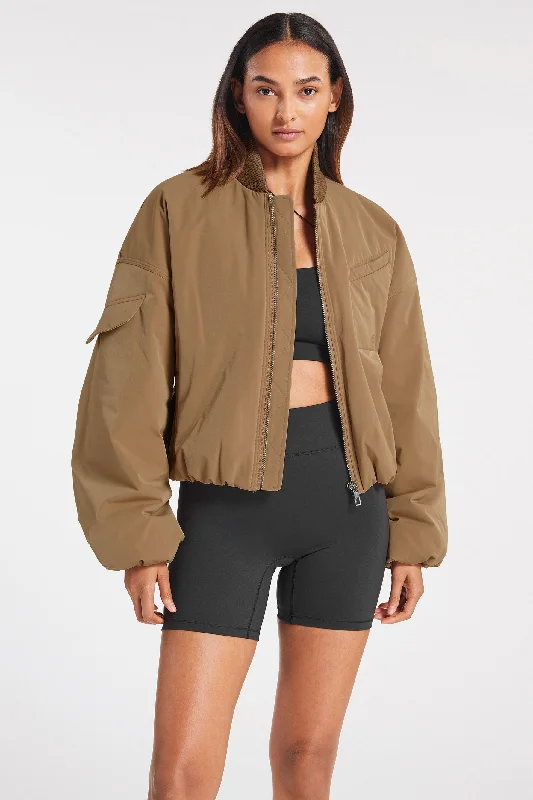 Light Twill Oversized Short Bomber Jacket - Tigers Eye