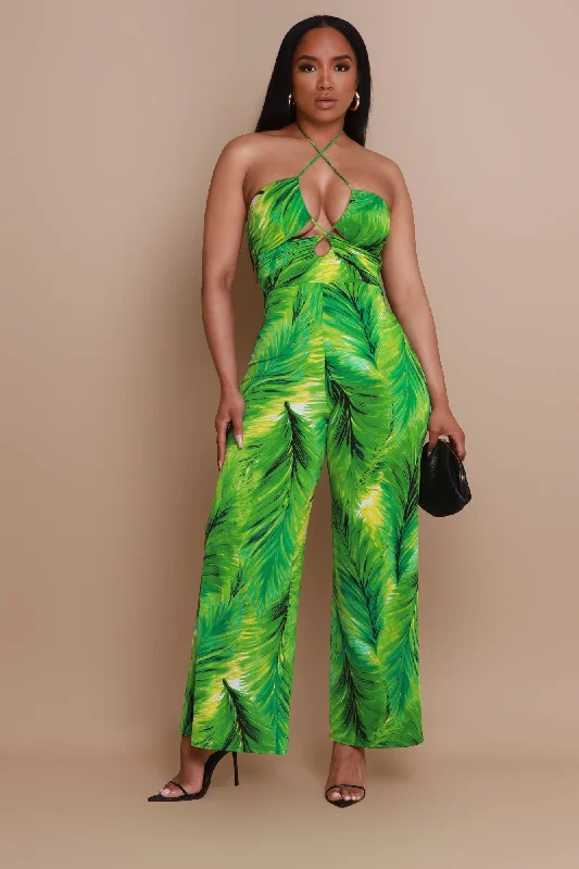 Location Change Tropical Print Jumpsuit - Green