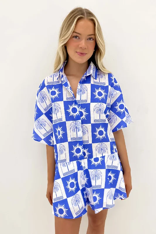 Lucia Playsuit White Blue Sun Palm Checkers