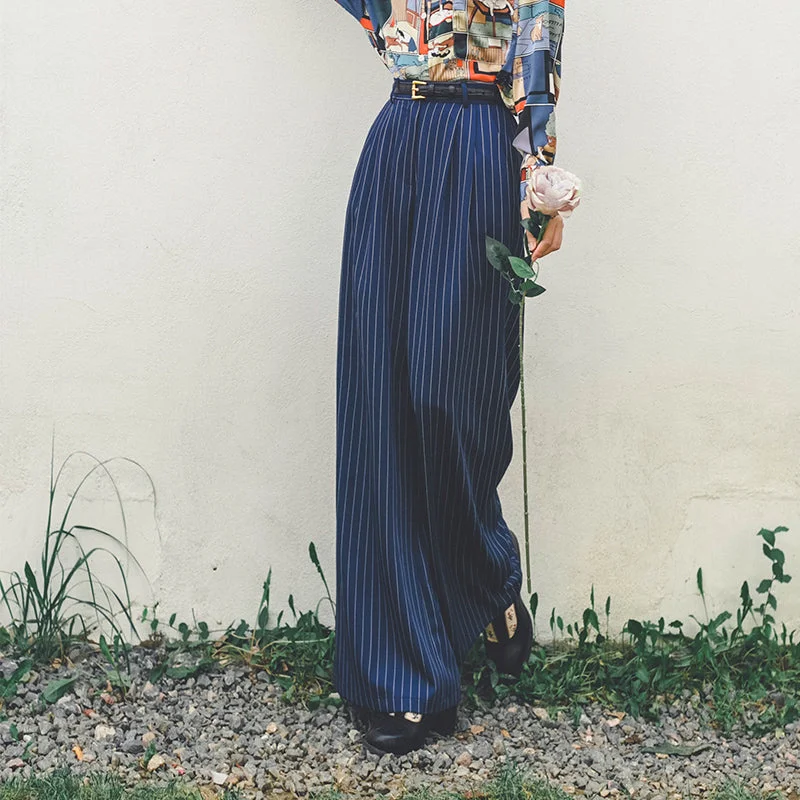 Navy blue vertical striped wide leg pants