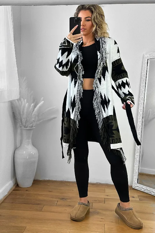 native-print-fringed-waist-tie-thick-knit-cardigan