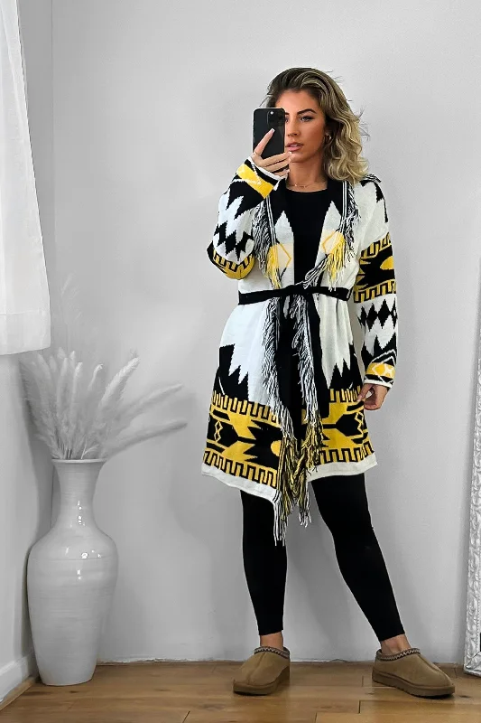 native-print-fringed-waist-tie-thick-knit-cardigan