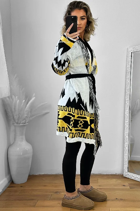 native-print-fringed-waist-tie-thick-knit-cardigan