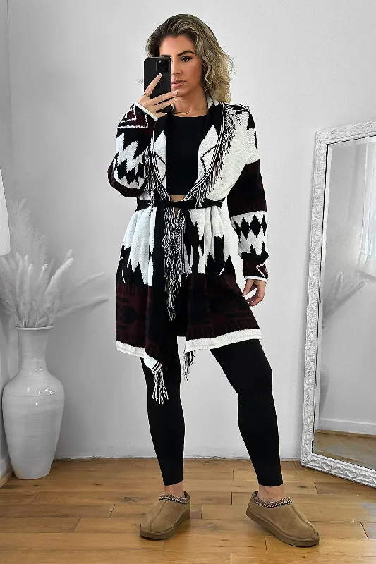 native-print-fringed-waist-tie-thick-knit-cardigan