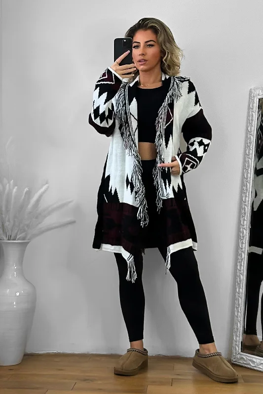 native-print-fringed-waist-tie-thick-knit-cardigan