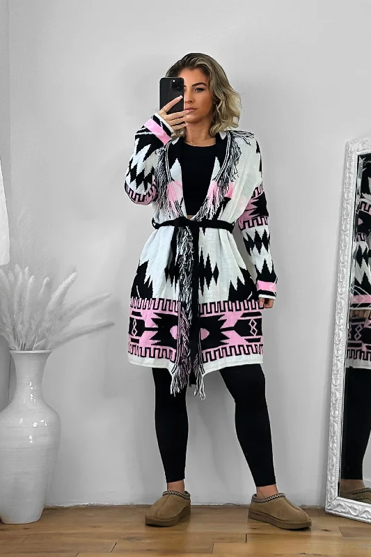 native-print-fringed-waist-tie-thick-knit-cardigan