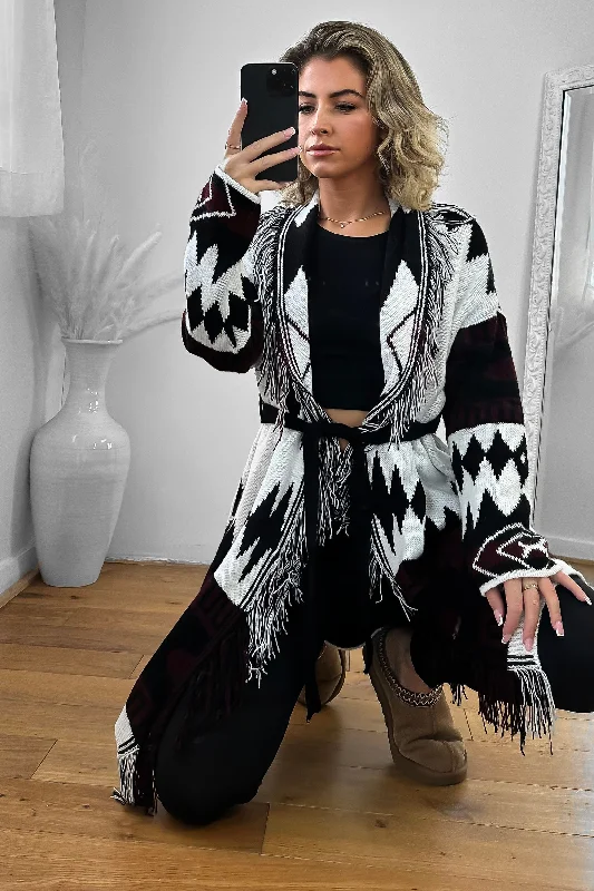 native-print-fringed-waist-tie-thick-knit-cardigan