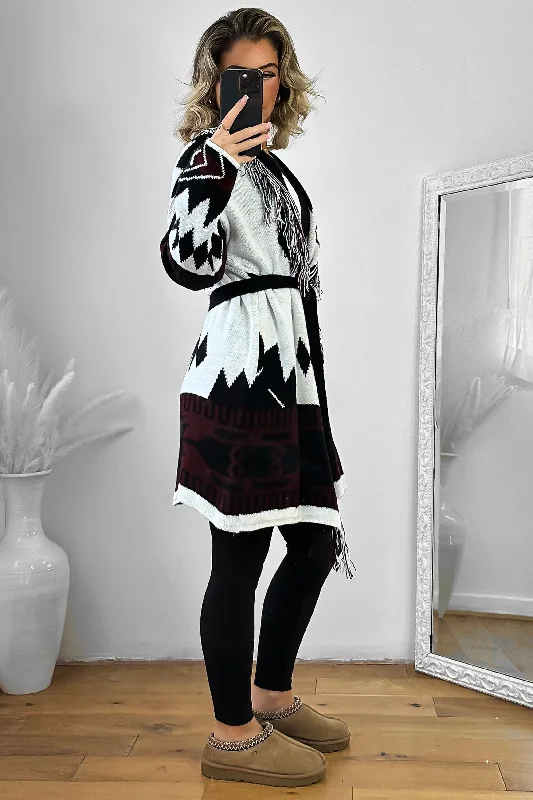 native-print-fringed-waist-tie-thick-knit-cardigan