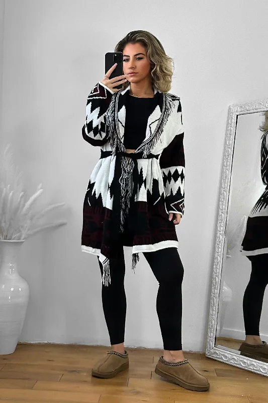 native-print-fringed-waist-tie-thick-knit-cardigan