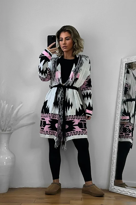 native-print-fringed-waist-tie-thick-knit-cardigan