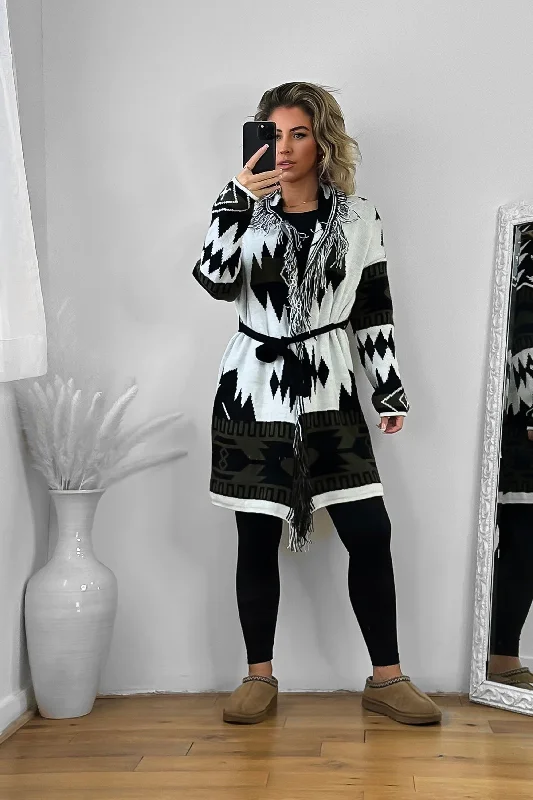 native-print-fringed-waist-tie-thick-knit-cardigan