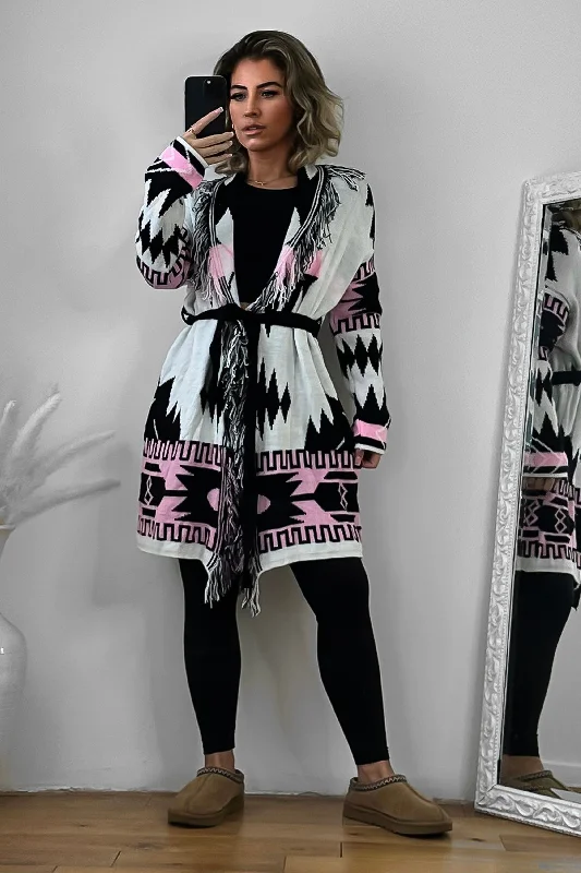 native-print-fringed-waist-tie-thick-knit-cardigan