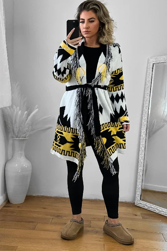 native-print-fringed-waist-tie-thick-knit-cardigan