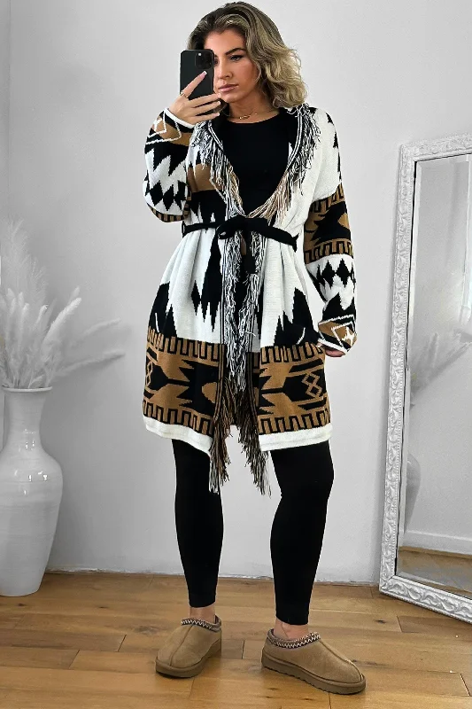 native-print-fringed-waist-tie-thick-knit-cardigan