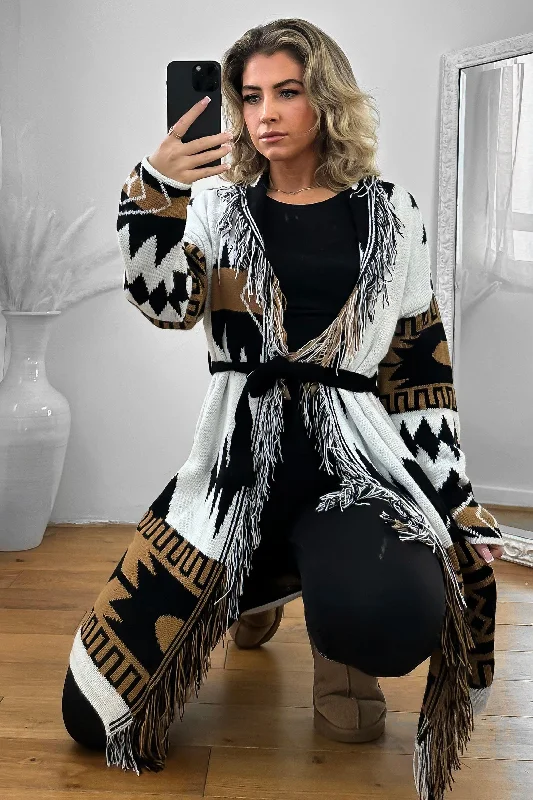 native-print-fringed-waist-tie-thick-knit-cardigan