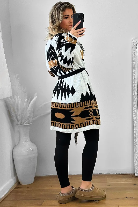 native-print-fringed-waist-tie-thick-knit-cardigan