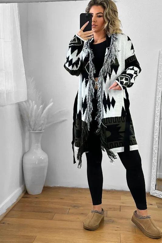 native-print-fringed-waist-tie-thick-knit-cardigan